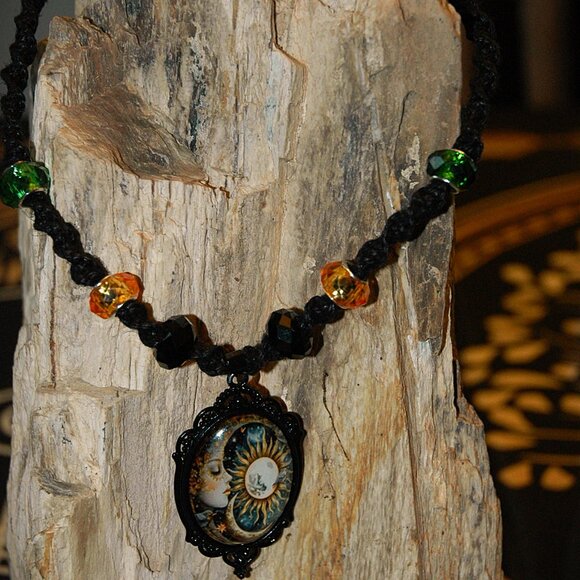 Celestial Crescent Moon & Sun on a 17" Handmade Black Hemp Necklace - Picture 2 of 5